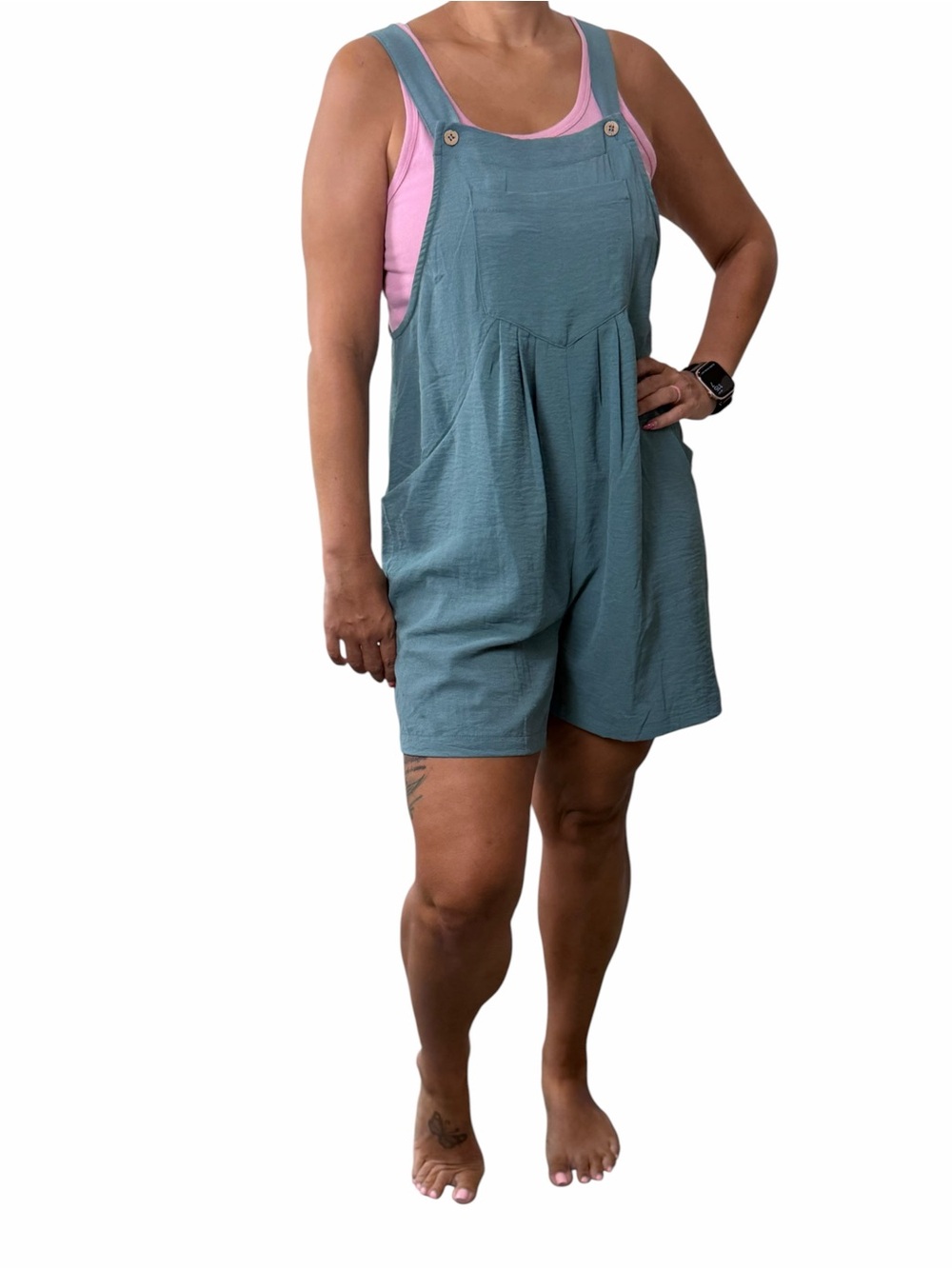 Women’s Boho Teal Adjustable Strap Overall Romper Shorts with Pockets